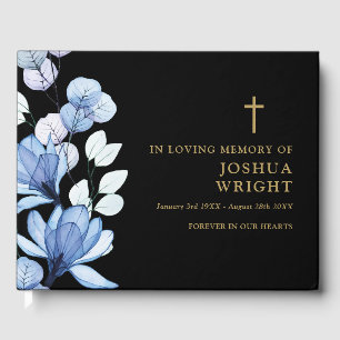 Blue Floral Christian In Loving Memory Funeral Guest Book