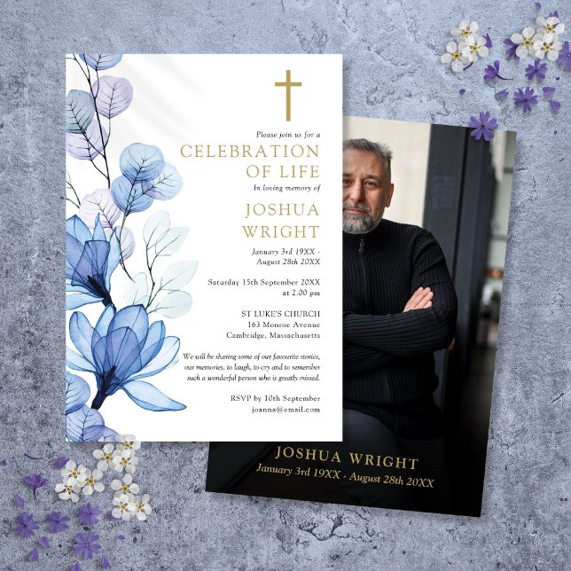 Blue Floral Christian Memorial Funeral Photo Invitation (Blue Floral Christian Memorial Funeral Photo Invitation)