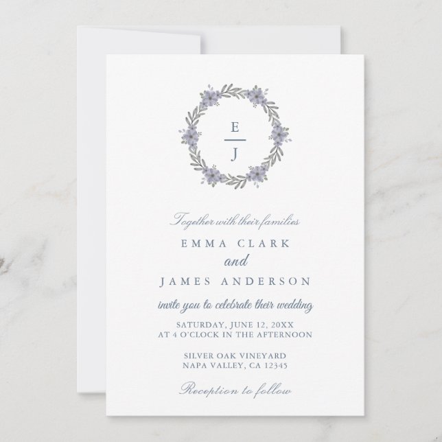 Blue Floral Classic Dusty Crest Wedding Invitation (Front)