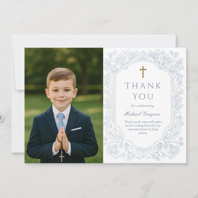 Blue Floral Communion Thank You Card (Front)