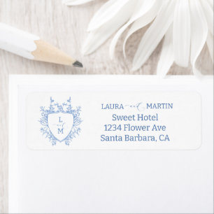 Blue floral crest frame, calligraphy script invita