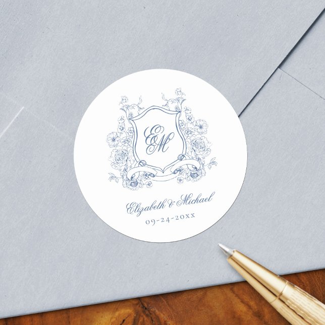 Blue Floral Crest Monogram Elegant Wedding Classic Round Sticker (Creator Uploaded)
