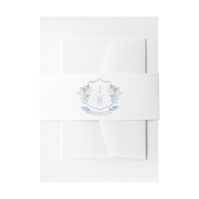 Blue Floral Crest Monogram Wedding  Invitation Belly Band (Front Example)