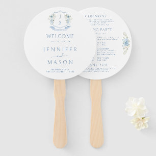 Blue Floral Crest Monogram Wedding Program Hand Fan