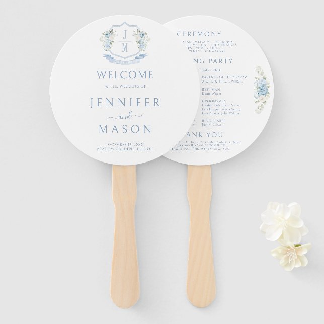 Blue Floral Crest Monogram Wedding Program Hand Fan (Front and Back)