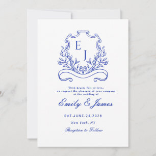 blue Floral Crest Victorian wedding invitation