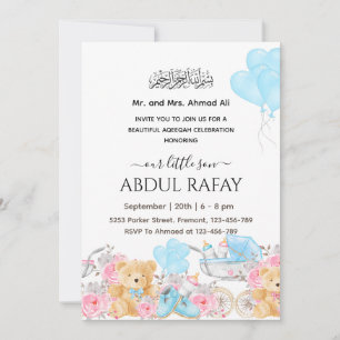 Blue Floral Crib Islamic baby boy Aqiqa Aqeeqa   Invitation