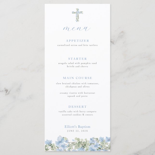 Blue Floral Cross Baptiser Menu pour le baptême de (Devant)