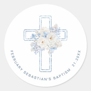 Blue Floral Cross Baptism Classic Round Sticker