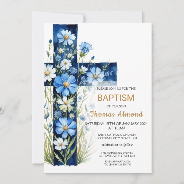 Blue Floral Cross Baptism Invitation (Front)