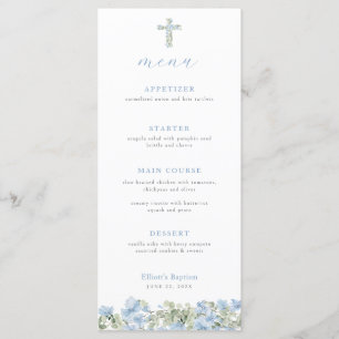 Blue Floral Cross Baptism Menu for Boy Christening