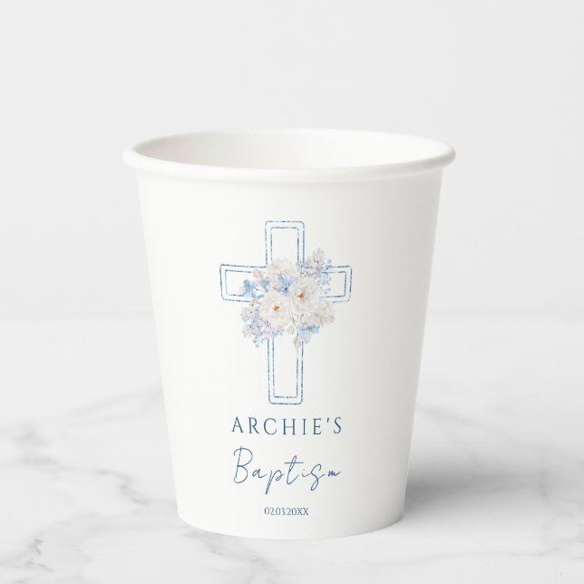 Blue Floral Cross Baptism Paper Cups (Front)