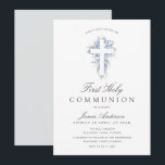 blue floral cross first holy communion invitation<br><div class="desc">An elegant floral design with watercolor blue floral cross. You can change the colors and text features on this invitation.</div>