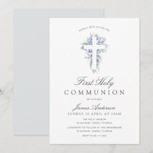 blue floral cross first holy communion invitation