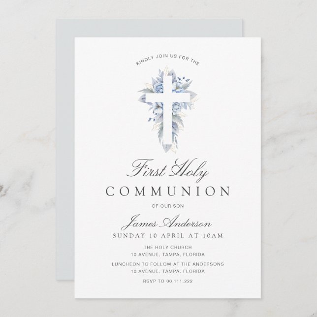 blue floral cross first holy communion invitation (Devant / Derrière)