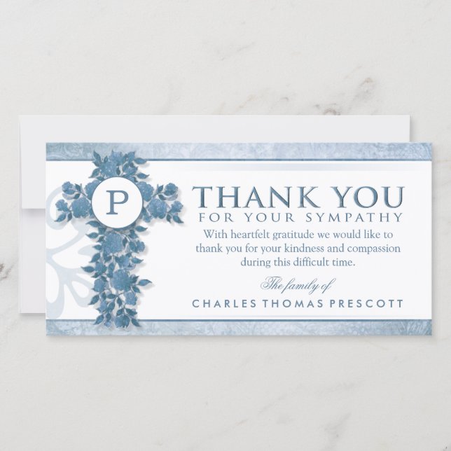 Blue Floral Cross Monogram Thank You Sympathy (Front)