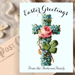 Blue Floral Cross Vintage Easter Religious Postcard