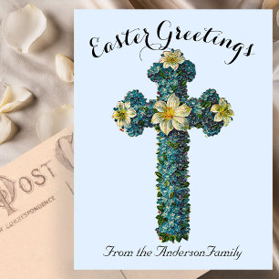 Blue Floral Cross Vintage Easter Religious Postcard