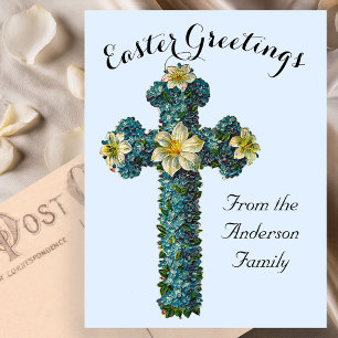 Blue Floral Cross Vintage Easter Religious Postcard