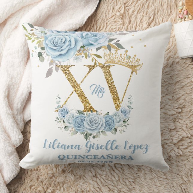 Blue Floral Crown XV QUINCEAÑERA Quince Keepsake Throw Pillow (Blanket)