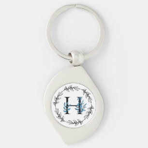 Blue Floral Custom Monogram - Letter H Keychain