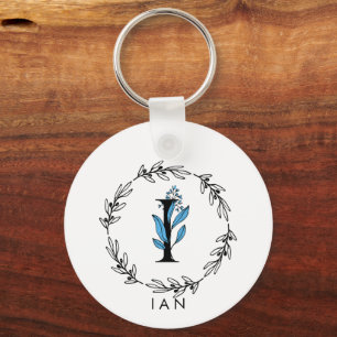 Blue Floral Custom Monogram - Letter I Keychain