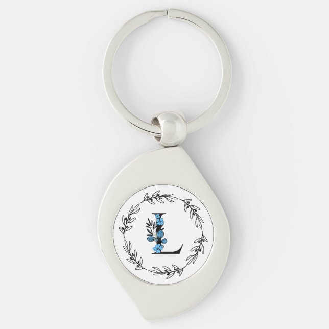 Blue Floral Custom Monogram - Letter L Keychain (Front)