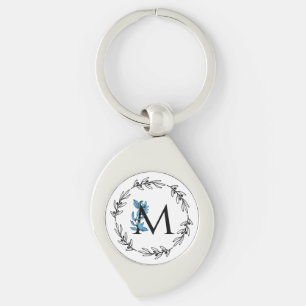Blue Floral Custom Monogram - Letter M Keychain