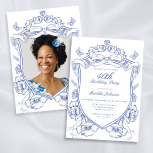 Blue Floral Custom Photo 40th Birthday Party Invitation