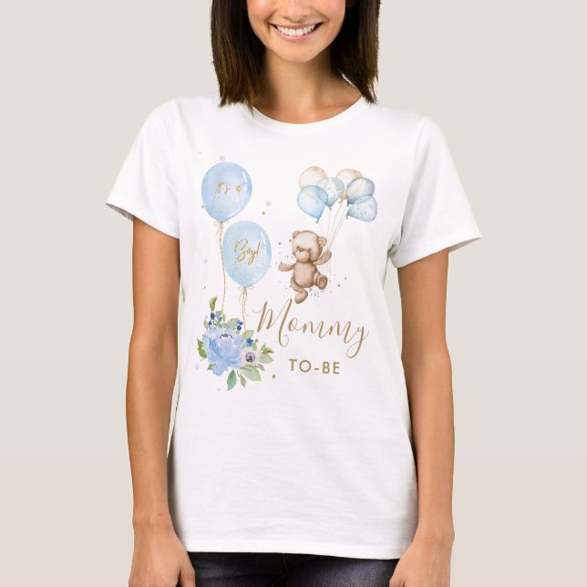 Blue Floral Cute Bear Boy Baby Shower Mommy to be  T-Shirt (Front)