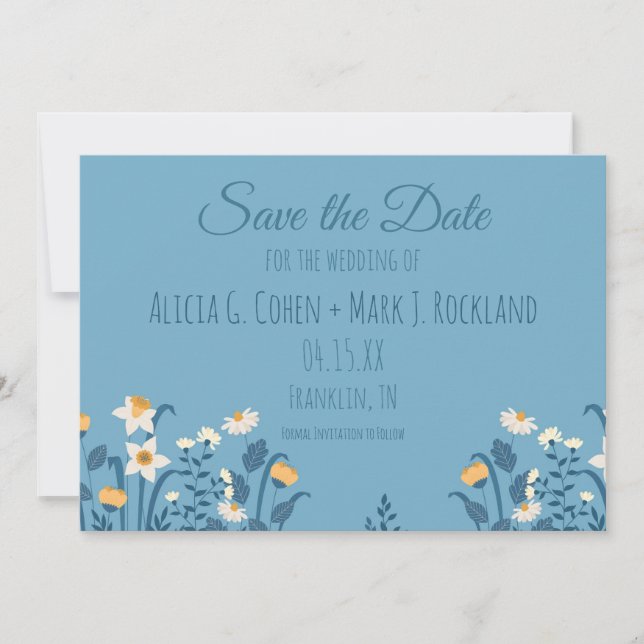 Blue Floral Daisy Wedding Save the Date Card (Front)