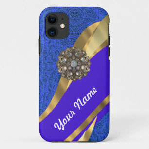 Blue floral damask & gold ribbon iPhone 11 case