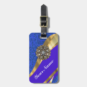 Blue floral damask & gold ribbon luggage tag