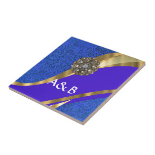 Blue floral damask & gold ribbon tile