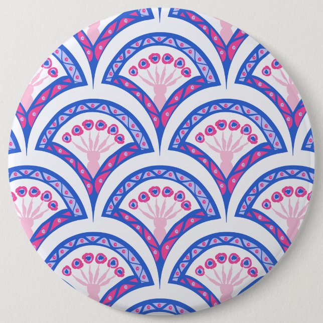 blue floral damask pattern  6 inch round button (Front)