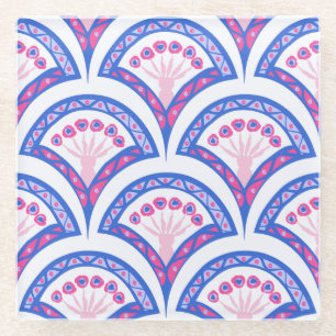 blue floral damask pattern glass coaster