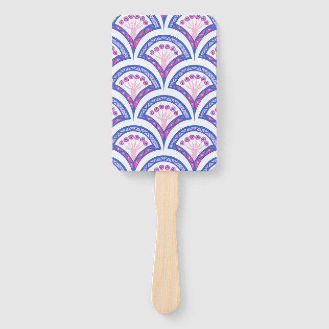 blue floral damask pattern  hand fan (Front)