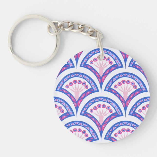 blue floral damask pattern  keychain (Front)