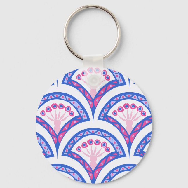 blue floral damask pattern  keychain (Front)
