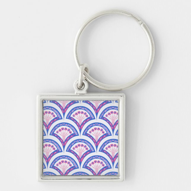 blue floral damask pattern  keychain (Front)