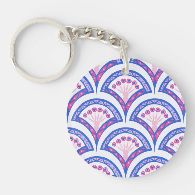 blue floral damask pattern  keychain (Front)