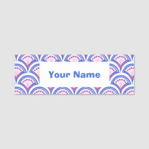 blue floral damask pattern name tag