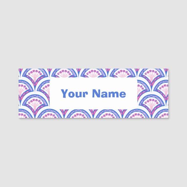 blue floral damask pattern  name tag (Front)