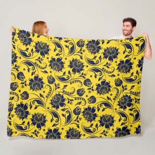 Blue Floral Damask Pattern On Yellow Fleece Blanket