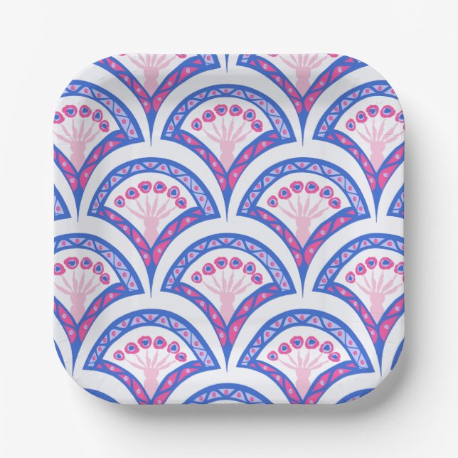blue floral damask pattern  paper plate (Front)