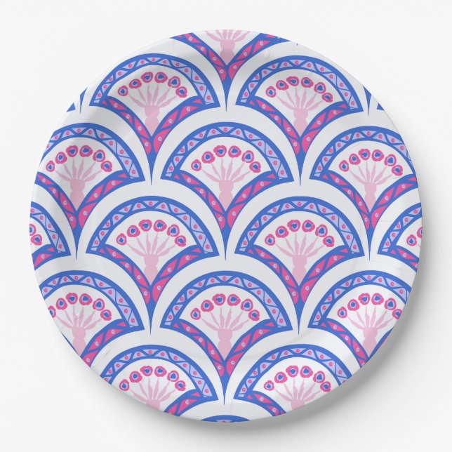 blue floral damask pattern  paper plate (Front)