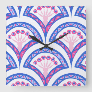 blue floral damask pattern  square wall clock