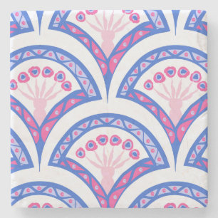 blue floral damask pattern stone coaster