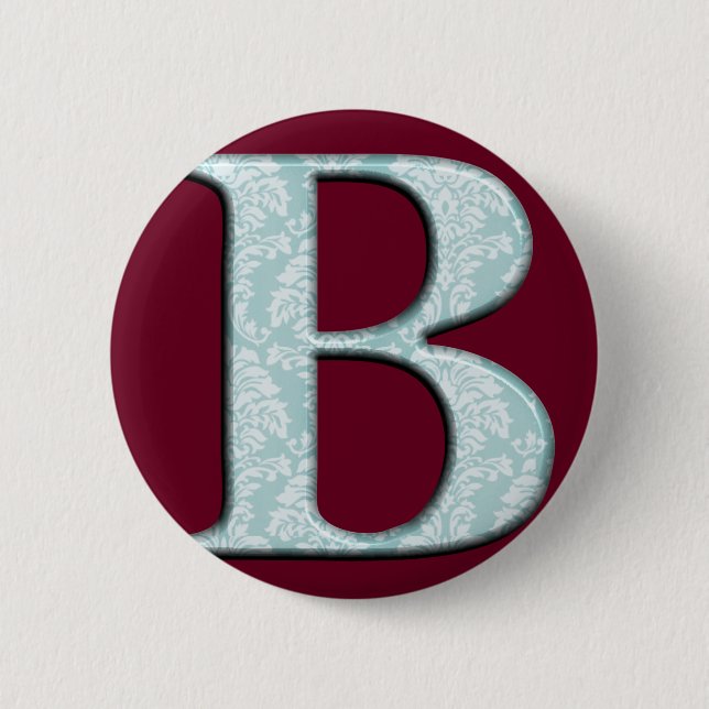 Blue Floral Damask Print B monogram initials 2 Inch Round Button (Front)