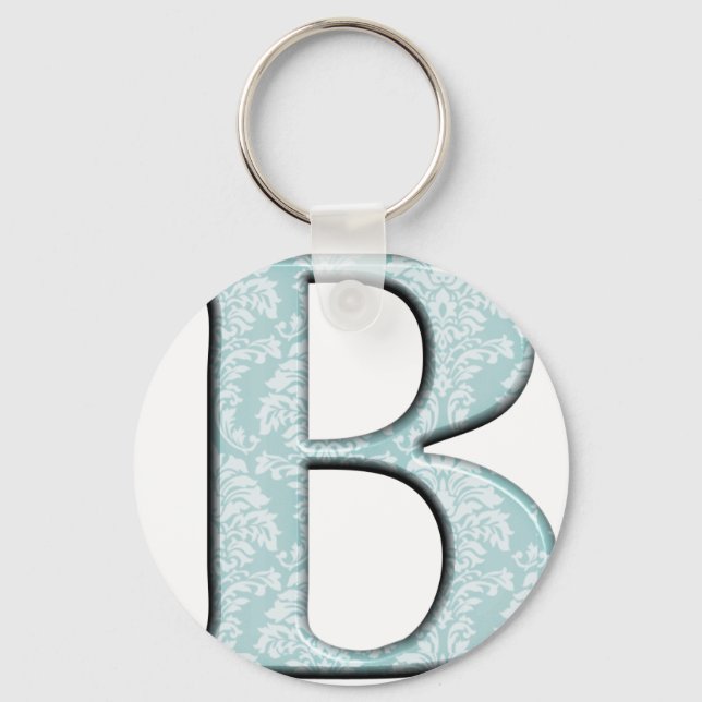 Blue Floral Damask Print B monogram initials Keychain (Front)